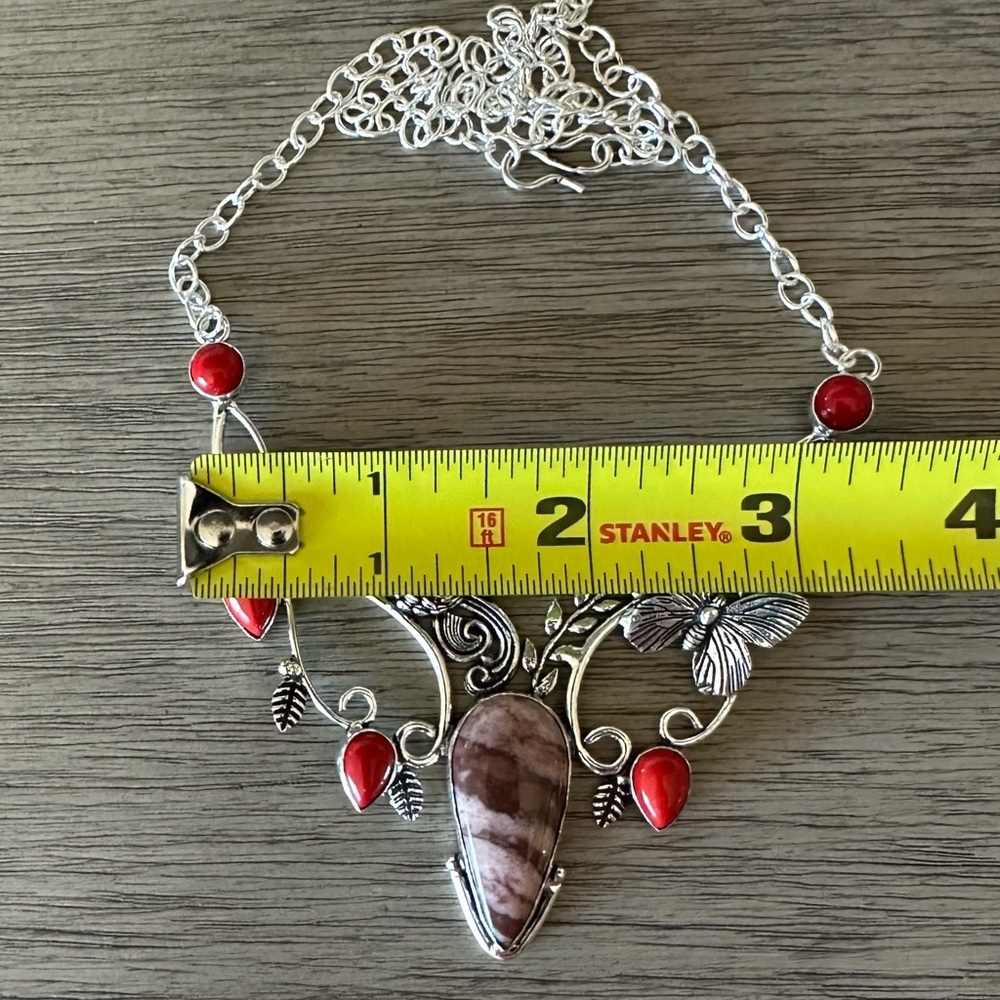 0632 Hand Crafted Silver & Red Peacock Statement Necklace with Filigree Accents - Picture 7 of 11